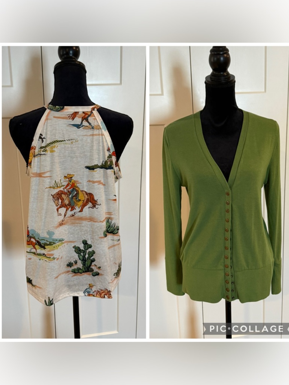 Women's Olive V-Neck Button-Front Cardigan Sweater AND Shein Western themed tank